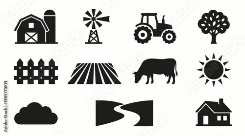 Farm Agriculture Countryside Icons Barn Tractor Windmill Cow Tree Field Sun Cloud Rural Life Symbols Collection