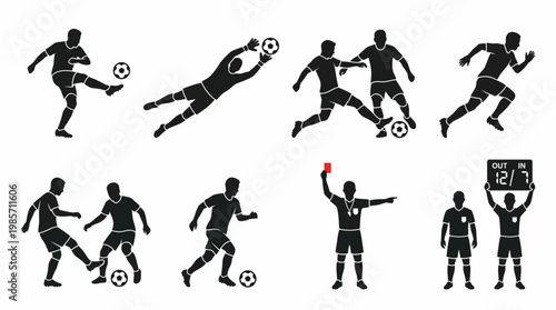 Soccer Silhouette Icons Players Referee Goalkeeper Dribbling Kicking Tackling Substitution Red Card Football Match Action Symbols Collection