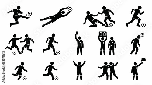 Soccer Silhouette Icons Players Referee Goalkeeper Dribbling Kicking Tackling Substitution Red Card Football Match Action Symbols Collection