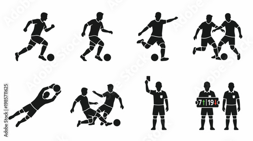 Soccer Silhouette Icons Players Referee Goalkeeper Dribbling Kicking Tackling Substitution Red Card Football Match Action Symbols Collection