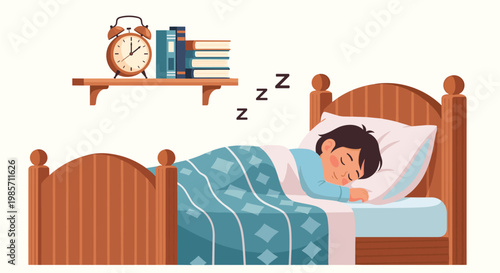Young boy sleeping soundly in his wooden bed while a vintage alarm clock and a stack of books are displayed on a shelf in his room.