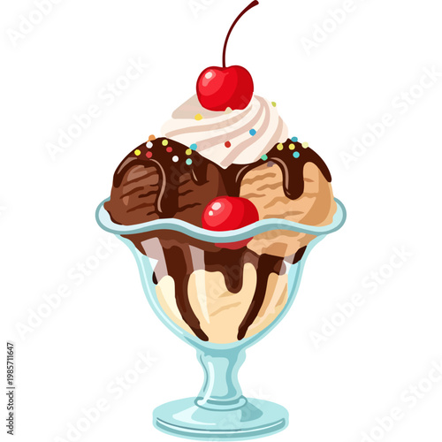 Colorful ice cream sundae with chocolate sauce and whipped cream in a glass dish