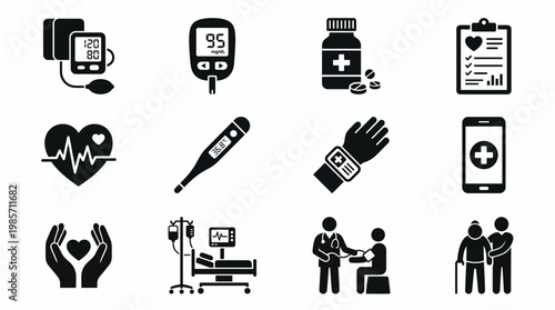 Medical Healthcare Icons Blood Pressure Glucose Medicine Charts Heart Thermometer Bracelet IV Doctor Patient Wellness