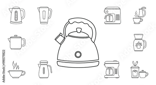 Line art illustration of kitchen appliances and a teapot silhouette