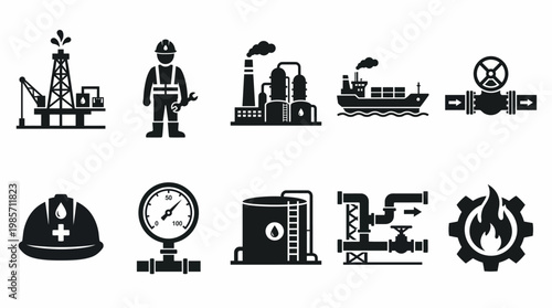 Oil Gas Industry Icons Worker Rig Pipeline Tanker Storage Wrench Gauge Refinery Gear Flame Energy Petroleum Extraction Processing