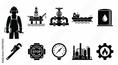 Oil Gas Industry Icons Worker Rig Pipeline Tanker Storage Wrench Gauge Refinery Gear Flame Energy Petroleum Extraction Processing