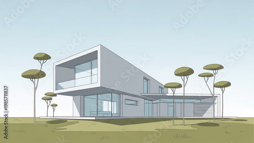 Modern house with large windows and trees in the front yard on a sunny day with blue sky.