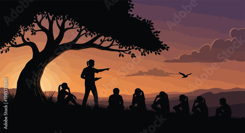 Silhouette of people sitting under a tree at sunset with mountains in background