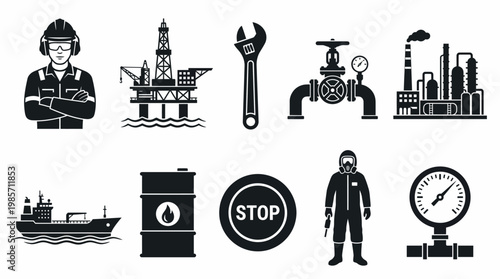 Oil Gas Industry Icons Worker Rig Wrench Pipeline Refinery Tanker Barrel Safety Gauge Energy Petroleum Extraction Transportation Maintenance