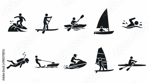 Water Sports Silhouette Icons Collection Surfing Paddleboarding Kayaking Canoeing Sailing Diving Jet Skiing Scuba Diving Water Skiing Aquatic Recreation