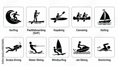 Water Sports Silhouette Icons Collection Surfing Paddleboarding Kayaking Canoeing Sailing Diving Jet Skiing Scuba Diving Water Skiing Aquatic Recreation