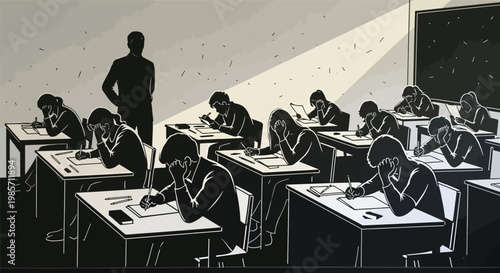 A classroom scene with students taking a test or exam while a teacher observes from the back of the room in a black and white illustration