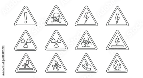 Nine warning signs with different hazard symbols black outline silhouette