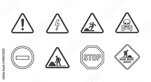 Collection of warning and prohibition signs in a black silhouette