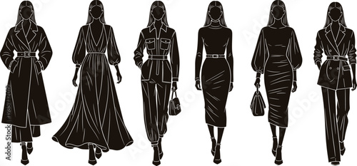 A collection of six fashionable women silhouettes wearing stylish outfits including dresses coats and suits with elegant white line details.