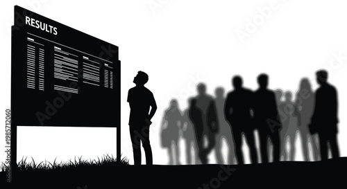 Silhouette of a person looking at a results board with a crowd in the background isolated on white background