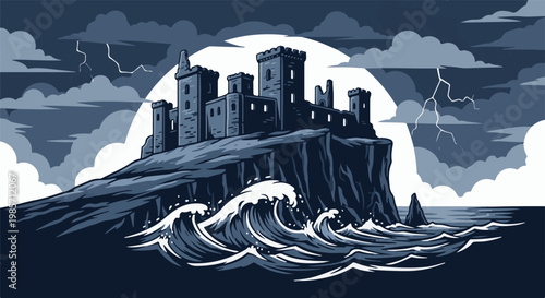 A pixelated, gothic castle stands on a cliff above turbulent seas under a stormy sky