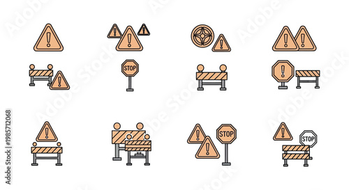 Collection of road signs and barriers in simple outline silhouette