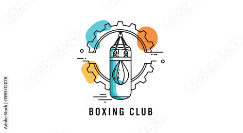 Professional boxing club emblem featuring a heavy bag surrounded by a large gear and colorful abstract shapes with clear typography.