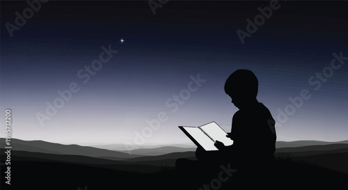 Silhouette of a child sitting on a hill reading a book under a starry night sky with mountains in the background landscape