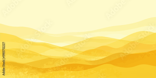 Nature landscape illustration of orange sunset sky over desert sand dunes and waves with mountain silhouettes and a summer sun on the horizon