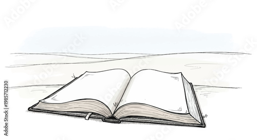An open book lying on a sandy beach with a serene landscape background