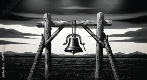 A black and white illustration of a bell hanging from a wooden structure in a field with mountains in the background under a cloudy sky