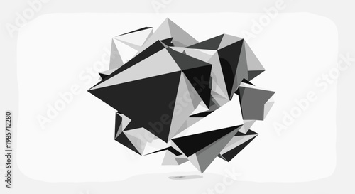 Striking abstract geometric form is composed of numerous black and white polygons creating a complex and modern 3D crystalline structure.