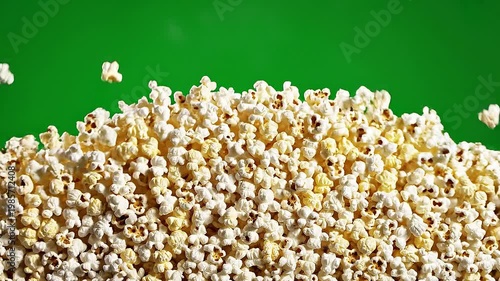 Popcorn expands against vibrant green screen concept. Fresh buttery popcorn popping and flying against vibrant green background snack food