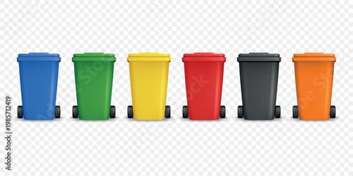 Vector 3d Recycling Bins Set. Glass Organic Paper E-Waste Metal Plastic. Color Wheelie Bin Set. Realistic 3d Garbage Containers for Recycling and Sustainability, Isolated