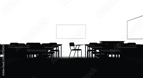 Silhouette of a classroom with desks and chairs isolated on white background
