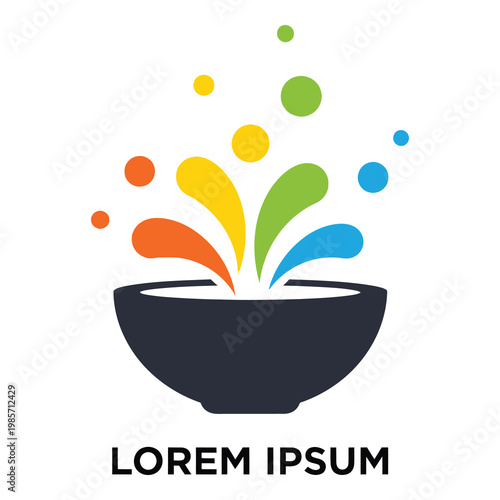 Colorful bowl with rainbow splash and droplets isolated on white background icon