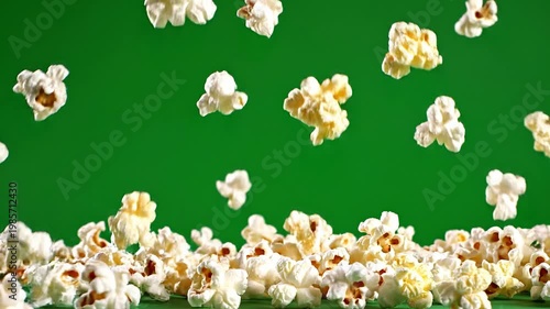 Popcorn expands against vibrant green screen concept. Fresh popcorn kernels popping in midair with vibrant green background for snack and movie themes