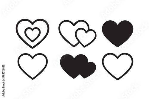 Collection of simple heart shapes in varying styles and fills