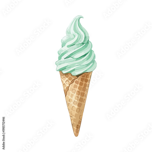 Mint ice cream in a crispy golden waffle cone on white background sweet treat for hot summer days