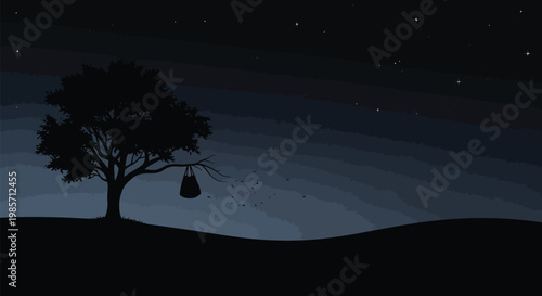 Silhouette of a tree with a bag hanging from a branch under a starry night sky with birds flying away