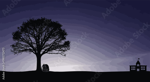 Silhouette of a tree and a bicycle on a hill with a building in the background at dusk or dawn