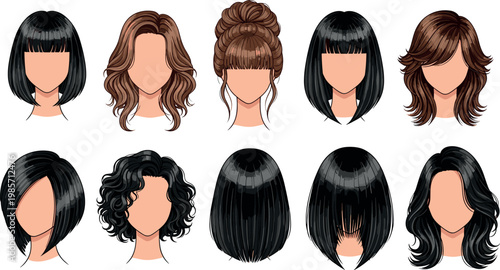 Collection of Stylish Vector Haircuts Featuring Short, Medium, and Long Hairstyles with Curls, Waves, and Straight Cuts for Personalization