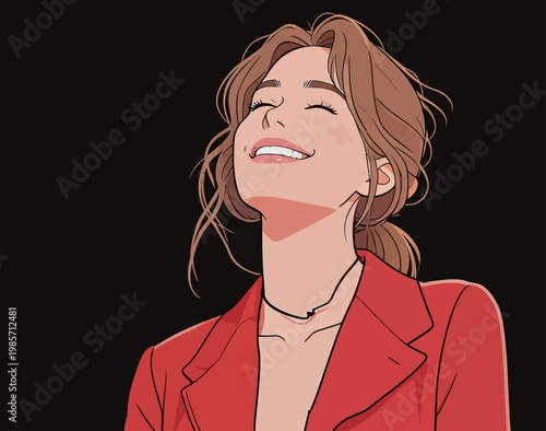 Happy Woman in Red Blazer with Closed Eyes