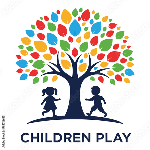 Colorful tree with children playing underneath  happy kids outdoors icon