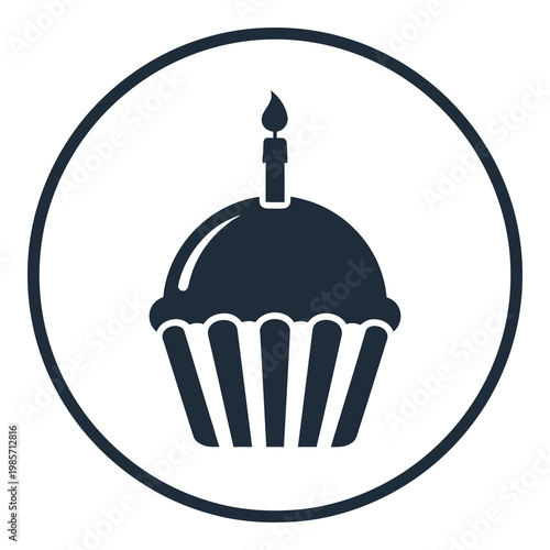 Cupcake with a lit candle on top in a circle  dessert icon icon