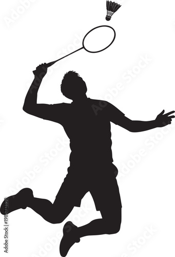 Silhouette of a man jumping to hit a shuttlecock in badminton with badminton silhouette athletic