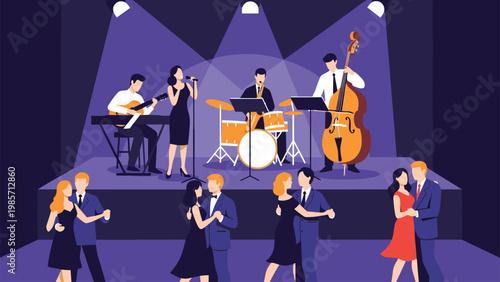 Jazz band performs a live show on a purple stage with a singer and musicians while couples dance in the foreground area.