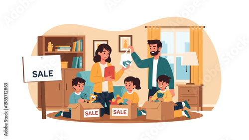 Happy family with three kids organizes a yard sale at home with cardboard boxes full of toys and a large sale sign.