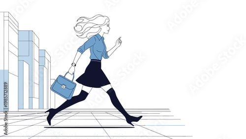 Fashionable businesswoman in a professional outfit walks quickly through a city street while carrying a blue briefcase.