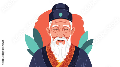 Portrait of an elderly wise Chinese man with a long white beard wearing traditional dark clothing and a black cap hat.