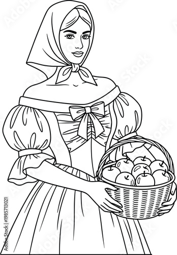 Black and white line art illustration of a beautiful maiden in traditional peasant clothing holding a basket of harvested apples.