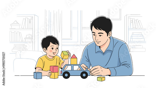 Father and son enjoy quality time playing with colorful building blocks and a toy car on a white table in a bright room.