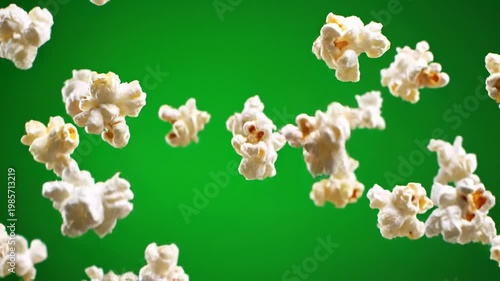 Popcorn expands against vibrant green screen concept. Fresh popped popcorn floating against a vibrant green background perfect for snack and movie concepts