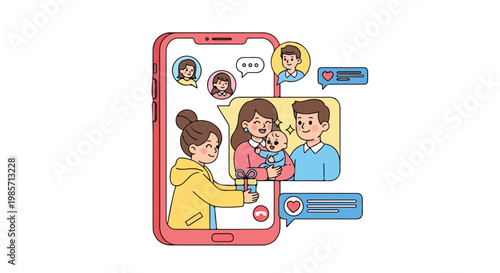 Family enjoying a video call on a smartphone with kids and parents engaging in a virtual chat at home